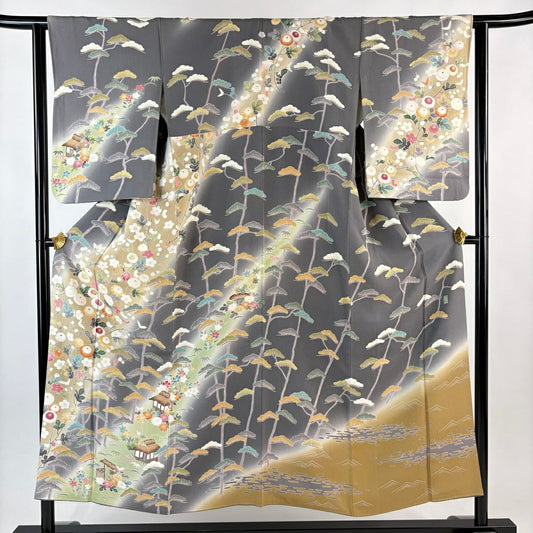 訪問服 身長151.5cm 袖長63cm S 雙層 落款 菊花 松樹梅花 金糸 染分 灰 純蠶絲 逸品級 一つ紋