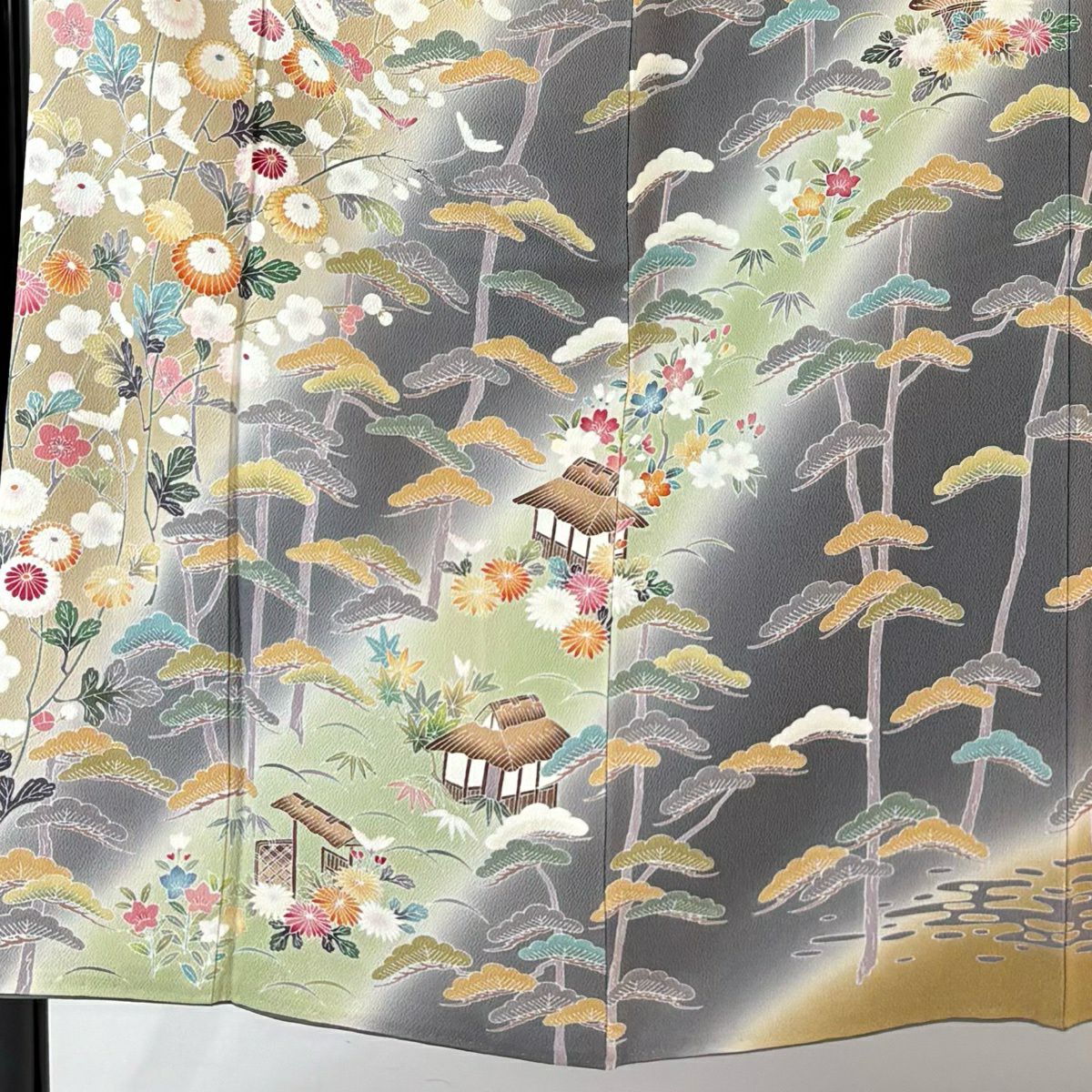 訪問服 身長151.5cm 袖長63cm S 雙層 落款 菊花 松樹梅花 金糸 染分 灰 純蠶絲 逸品級 一つ紋