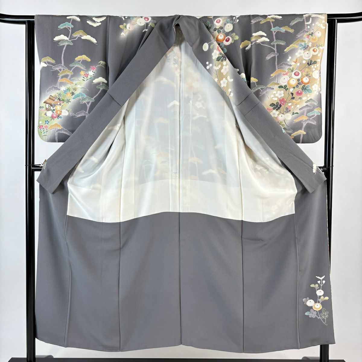 訪問服 身長151.5cm 袖長63cm S 雙層 落款 菊花 松樹梅花 金糸 染分 灰 純蠶絲 逸品級 一つ紋