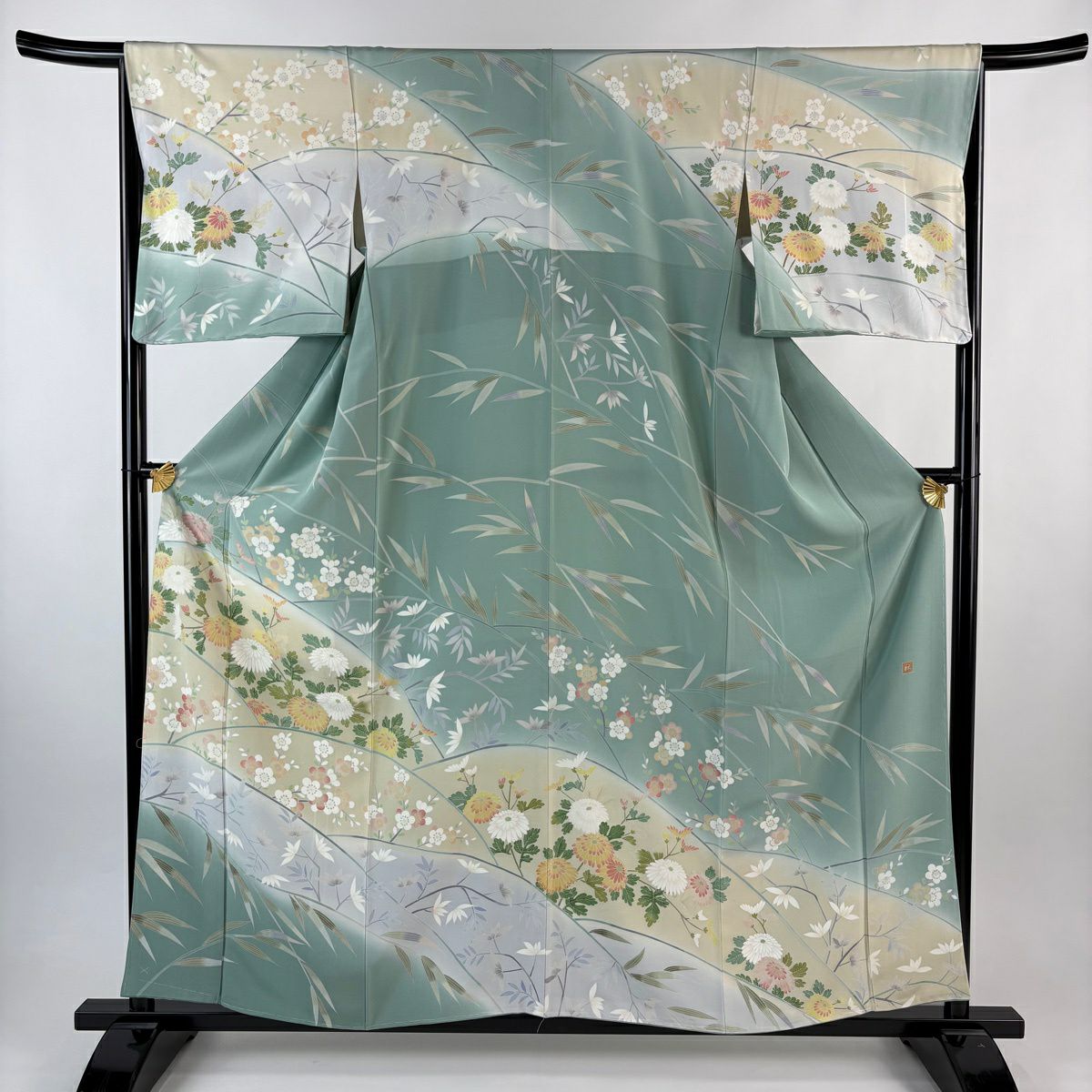 【美品】訪問服 身長159.5cm 袖長65.5cm M 雙層 鈴乃屋 落款あり 菊花 梅花 染分 薄綠 純蠶絲 逸品級