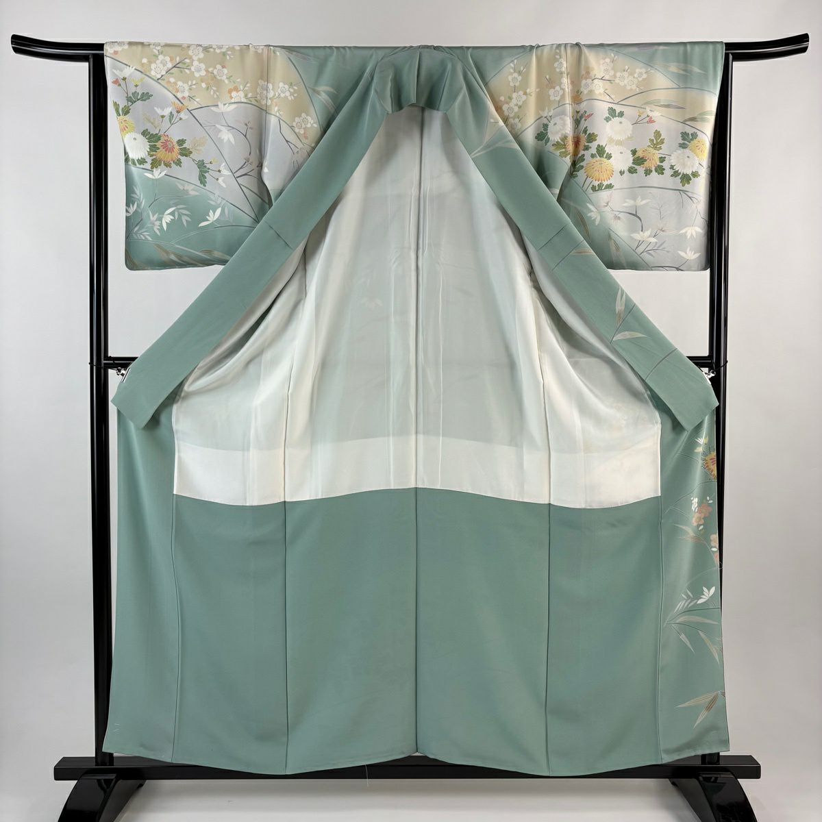 【美品】訪問服 身長159.5cm 袖長65.5cm M 雙層 鈴乃屋 落款あり 菊花 梅花 染分 薄綠 純蠶絲 逸品級