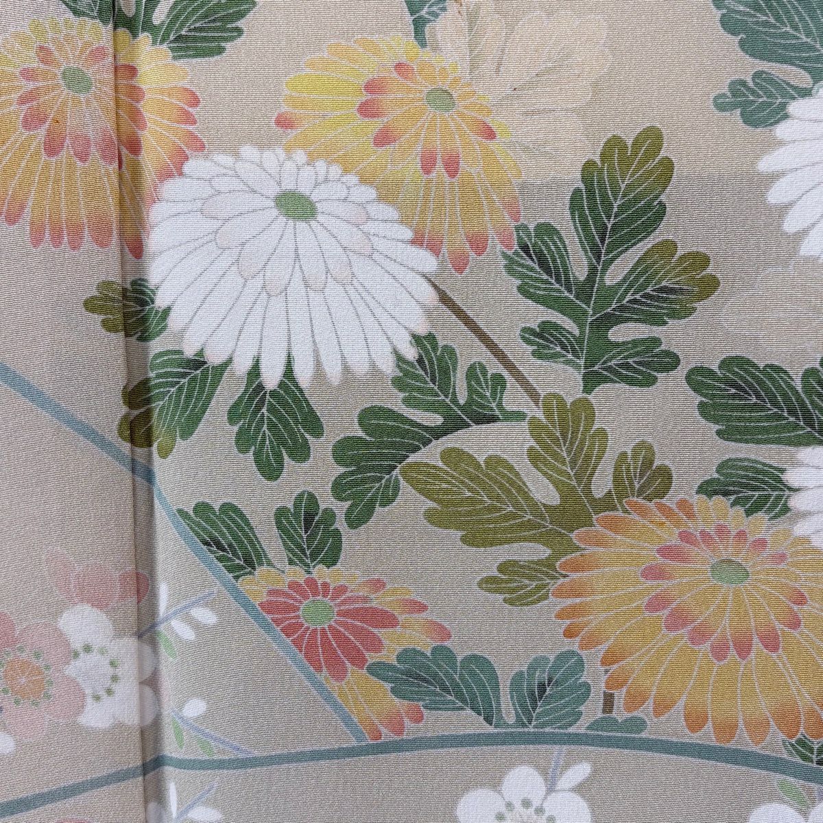 【美品】訪問服 身長159.5cm 袖長65.5cm M 雙層 鈴乃屋 落款あり 菊花 梅花 染分 薄綠 純蠶絲 逸品級