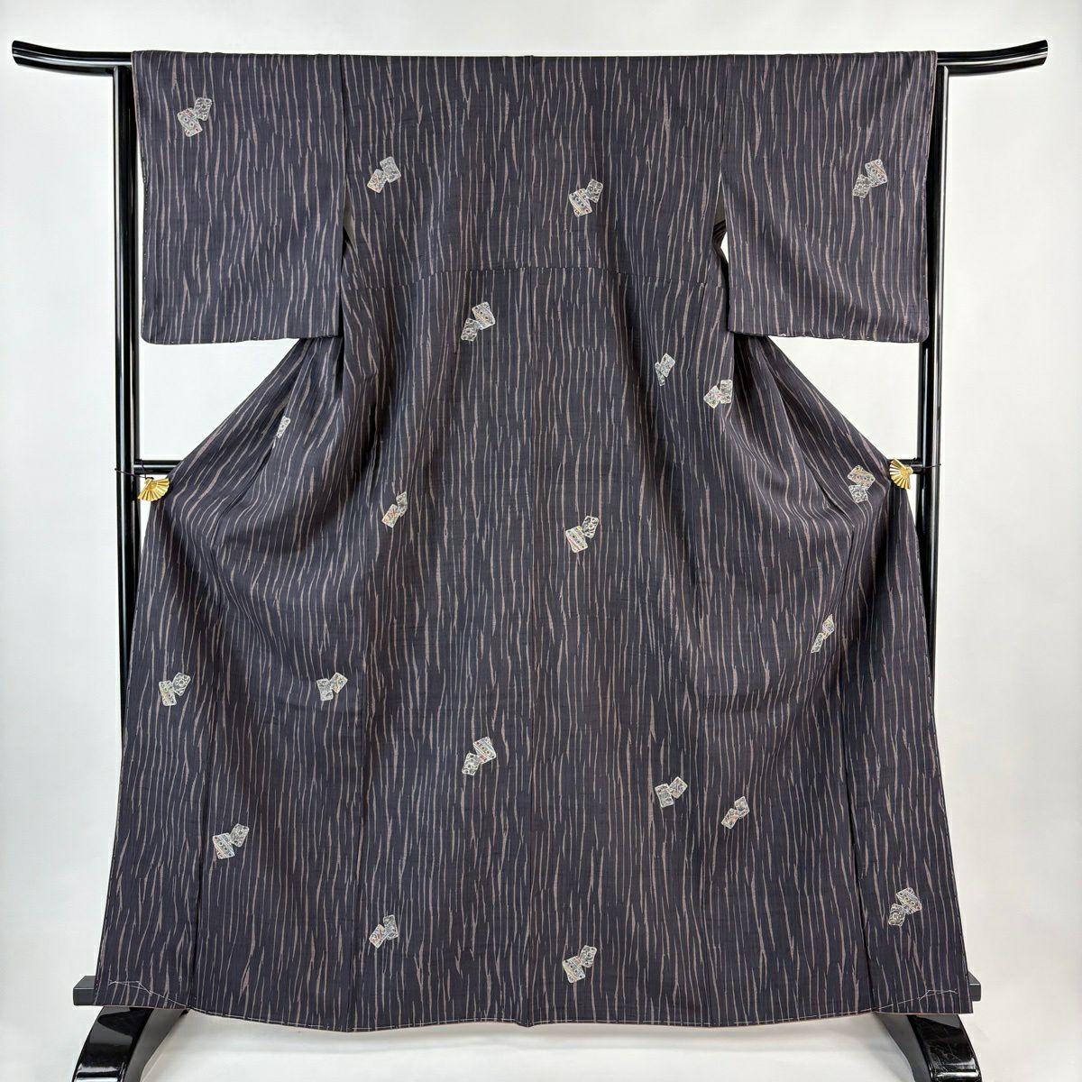 【美品】 小紋 身長164.5cm 袖長64cm M 雙層 吉澤與市 證書附帶 色紙 幾何圖案 絞染 深紫 純蠶絲 逸品級