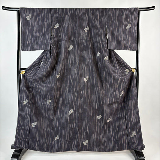 【美品】 小紋 身長164.5cm 袖長64cm M 雙層 吉澤與市 證書附帶 色紙 幾何圖案 絞染 深紫 純蠶絲 逸品級