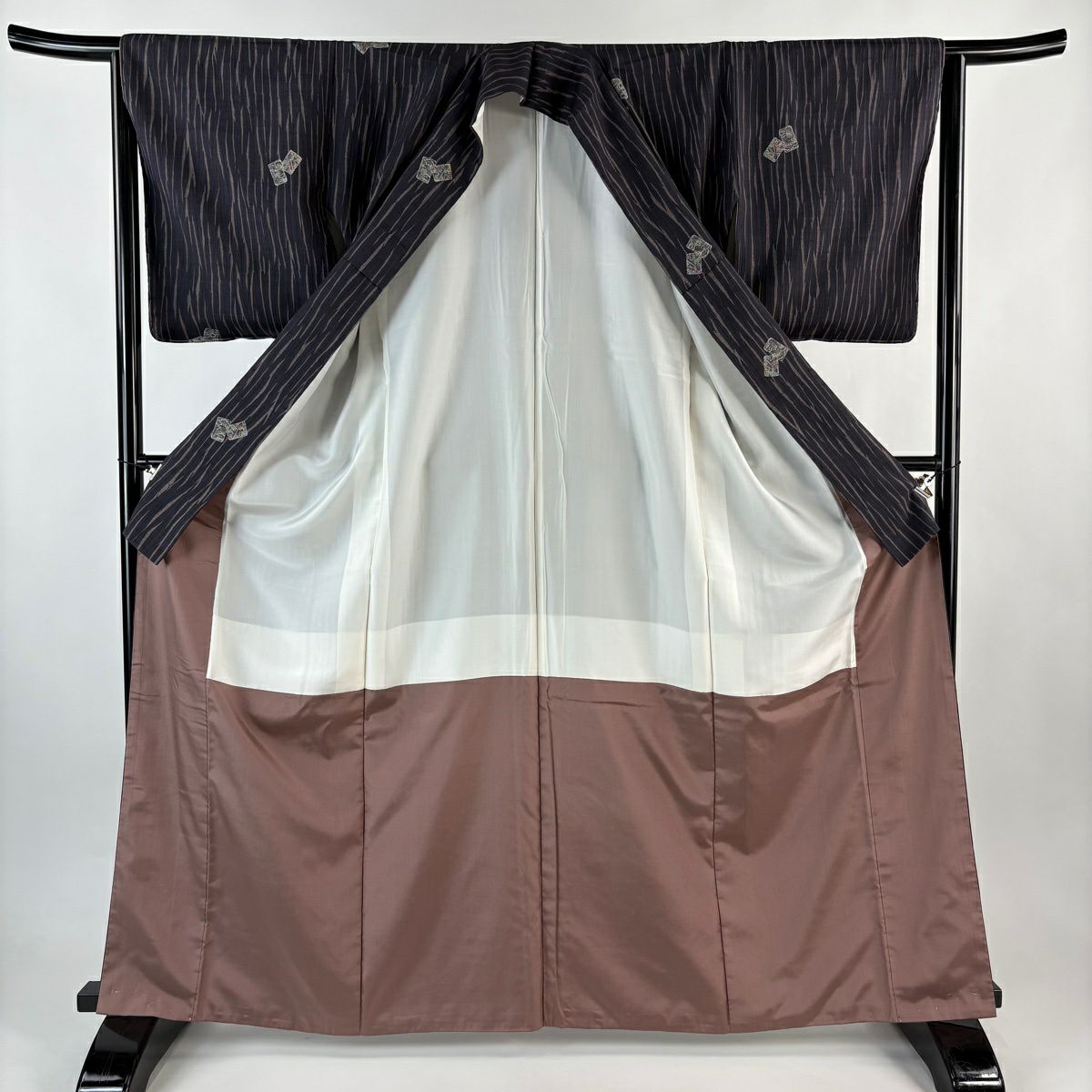 【美品】 小紋 身長164.5cm 袖長64cm M 雙層 吉澤與市 證書附帶 色紙 幾何圖案 絞染 深紫 純蠶絲 逸品級
