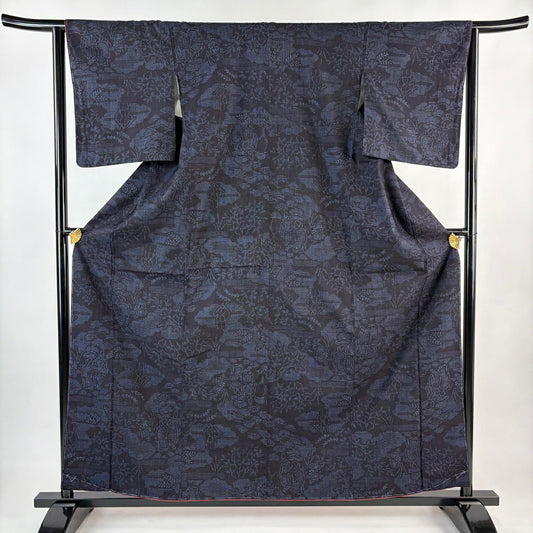 【美品】結城紬織 身長160cm 袖長62.5cm S 雙層 本場結城紬織 證書齊全 人物 雲紋 深藍 純蠶絲 逸品級