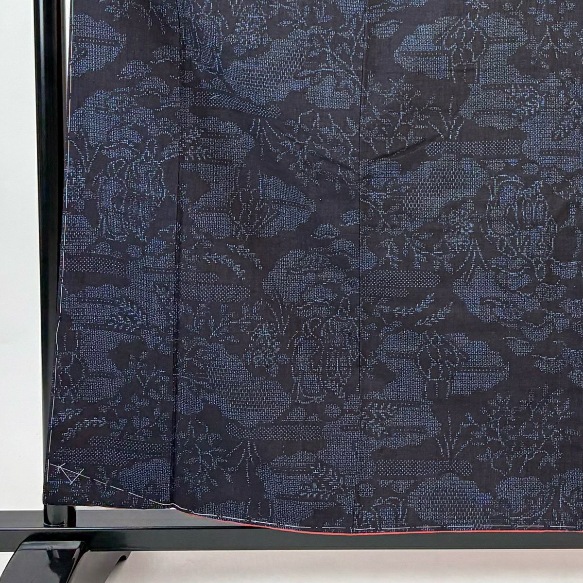 【美品】結城紬織 身長160cm 袖長62.5cm S 雙層 本場結城紬織 證書齊全 人物 雲紋 深藍 純蠶絲 逸品級