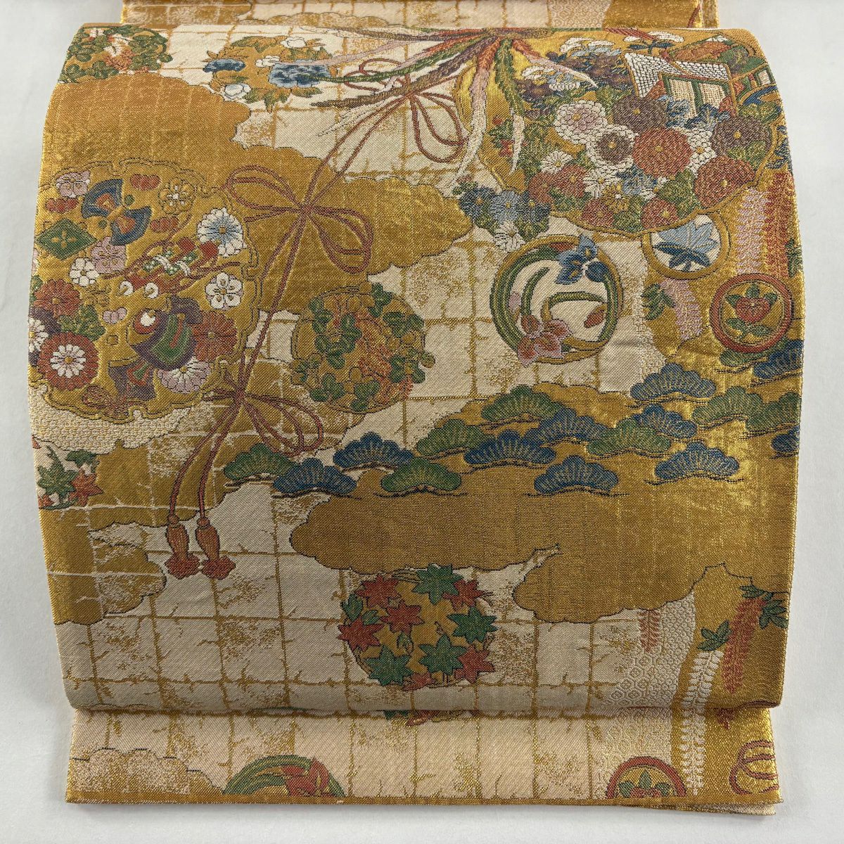 【美品】 袋帶 秀品級 雪輪立道長文 本金金箔 金絲 金色 大鼓圖案 純蠶絲