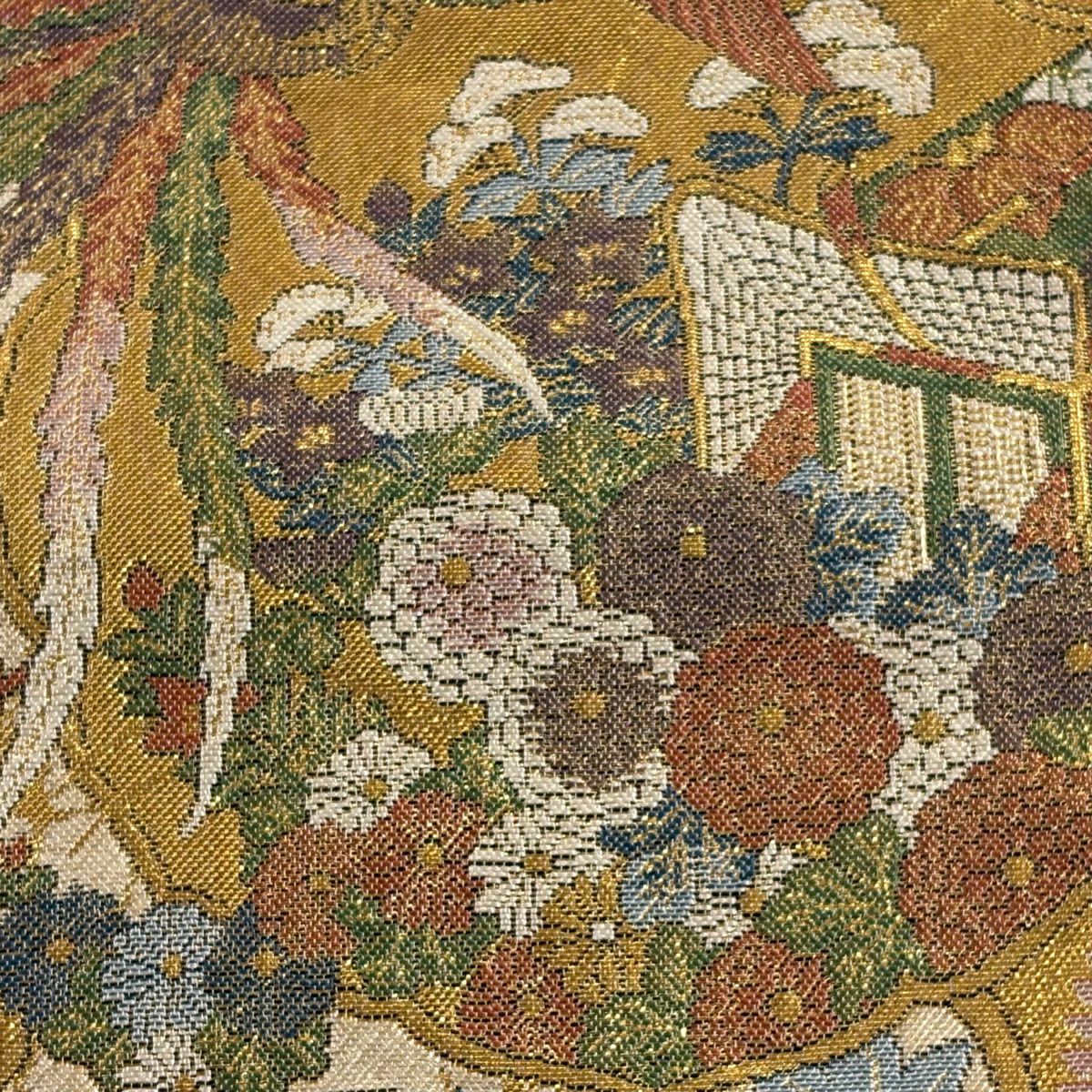 【美品】 袋帶 秀品級 雪輪立道長文 本金金箔 金絲 金色 大鼓圖案 純蠶絲