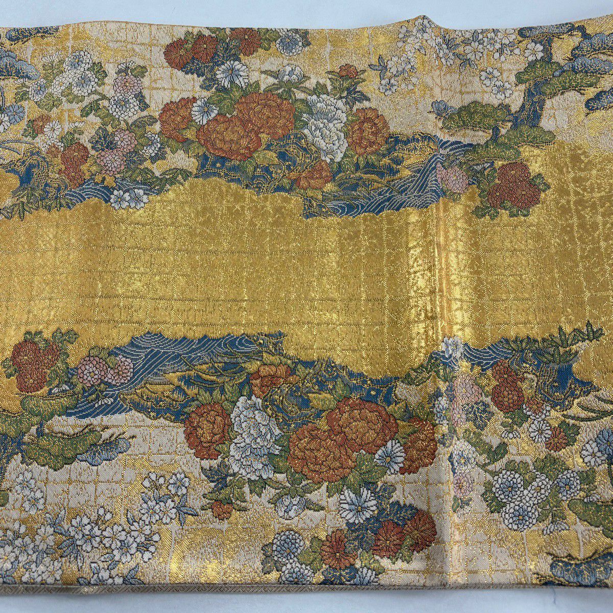 【美品】 袋帶 秀品級 雪輪立道長文 本金金箔 金絲 金色 大鼓圖案 純蠶絲