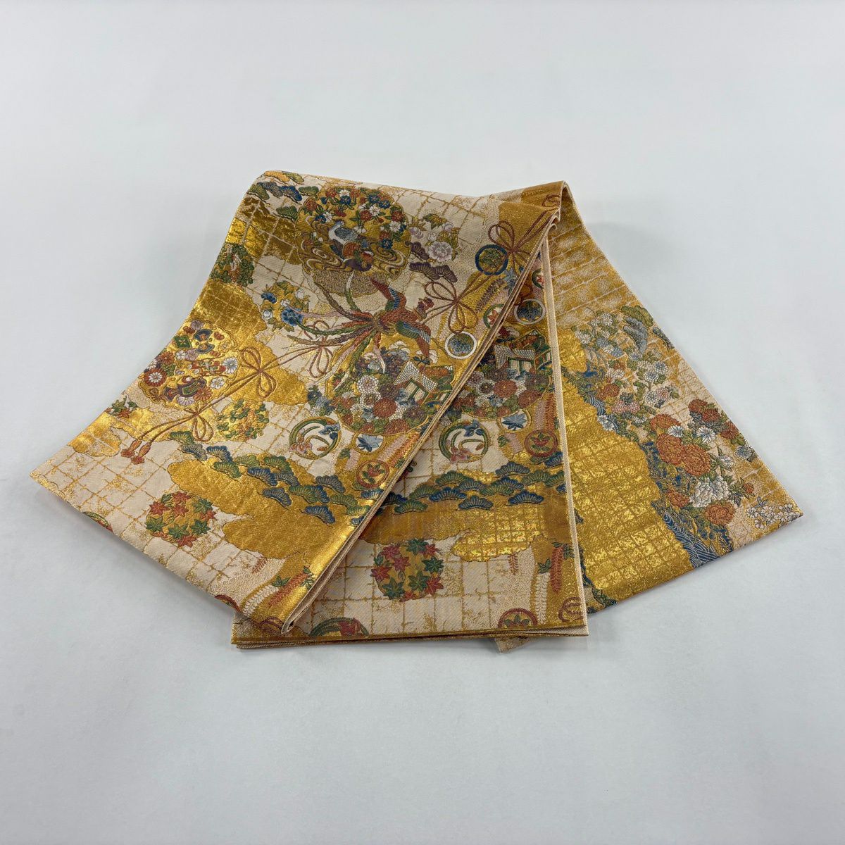 【美品】 袋帶 秀品級 雪輪立道長文 本金金箔 金絲 金色 大鼓圖案 純蠶絲