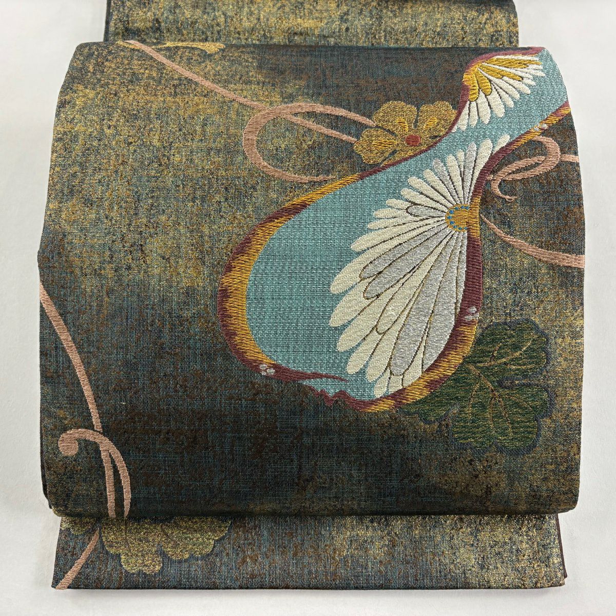 【美品】 袋帶 秀品級 瓢箪 菊花 金金箔 銀線 茶綠 お太鼓圖案 純蠶絲