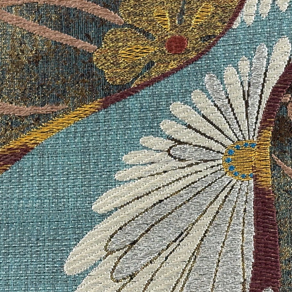 【美品】 袋帶 秀品級 瓢箪 菊花 金金箔 銀線 茶綠 お太鼓圖案 純蠶絲