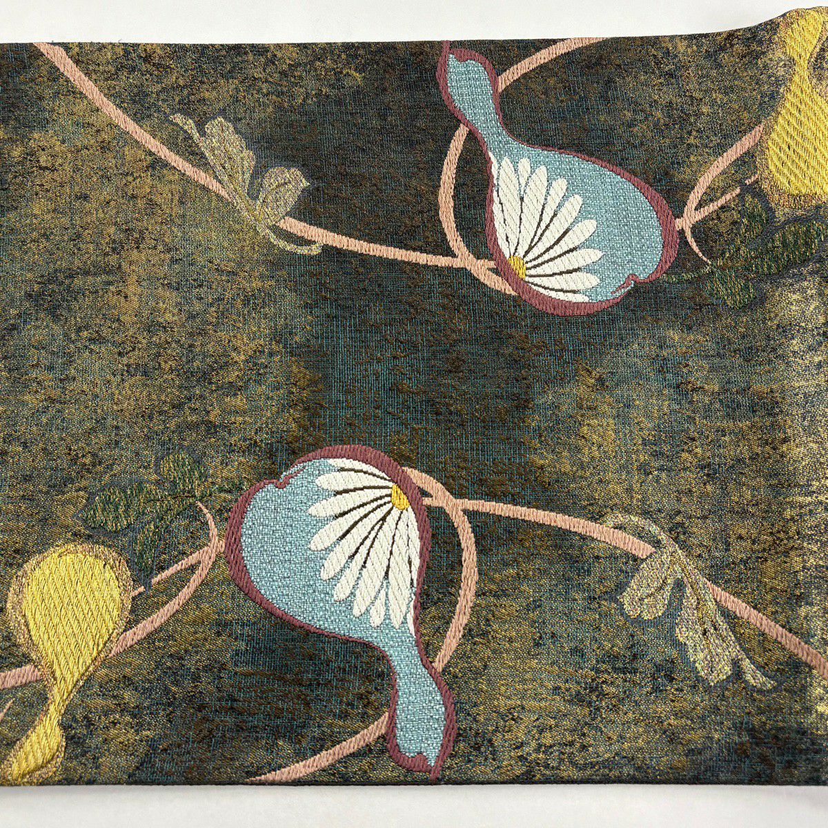 【美品】 袋帶 秀品級 瓢箪 菊花 金金箔 銀線 茶綠 お太鼓圖案 純蠶絲