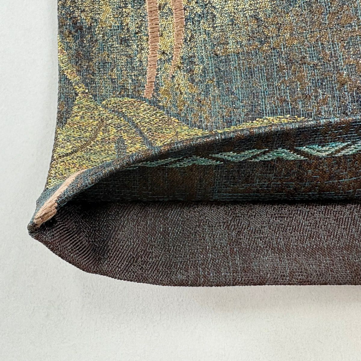 【美品】 袋帶 秀品級 瓢箪 菊花 金金箔 銀線 茶綠 お太鼓圖案 純蠶絲