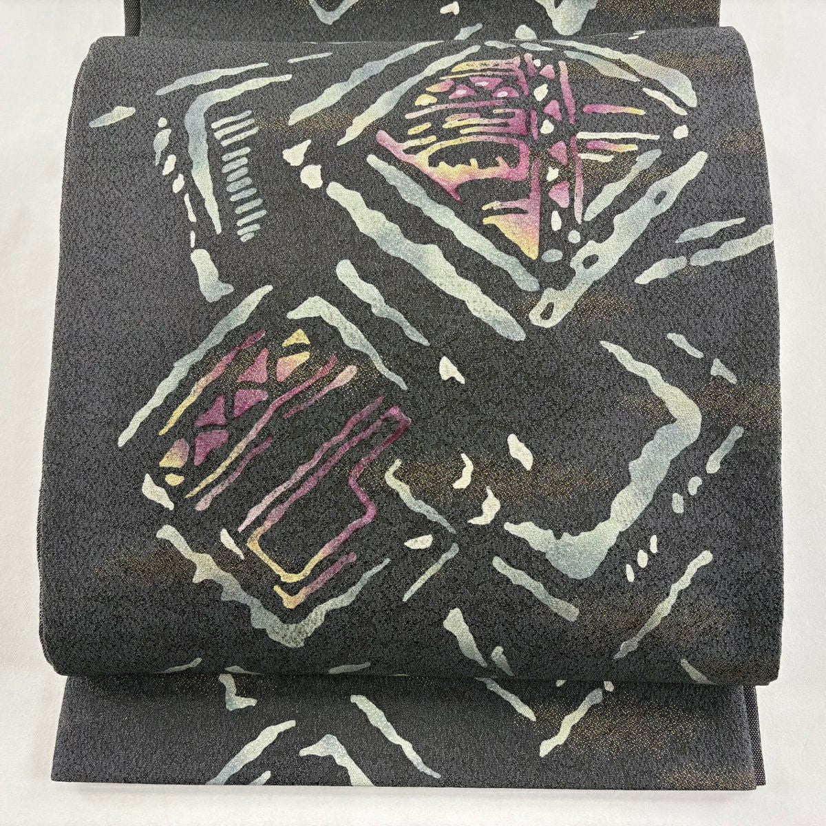 【美品】 袋帶 秀品級 織染之美 幾何學 金金箔 漸層 墨 六通 純蠶絲