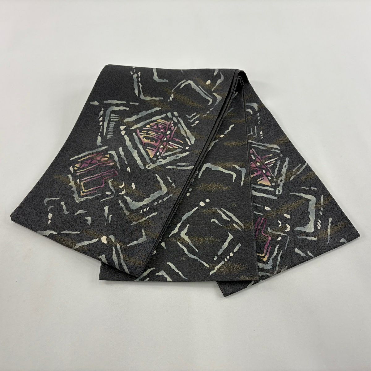 【美品】 袋帶 秀品級 織染之美 幾何學 金金箔 漸層 墨 六通 純蠶絲