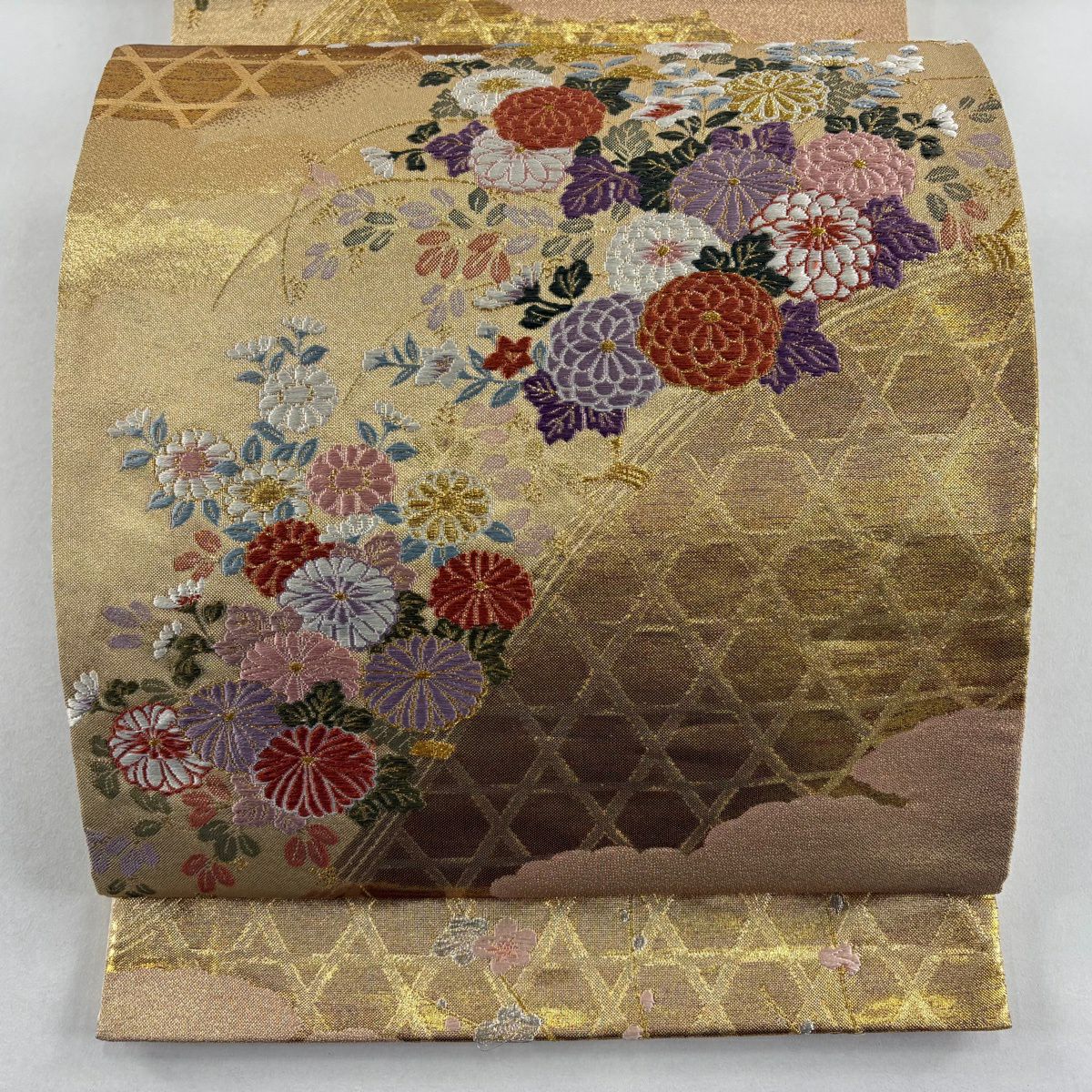 【美品】 袋帶 秀品級 菊花 光悅垣 金金箔 金銀彩 金色 六通 純蠶絲