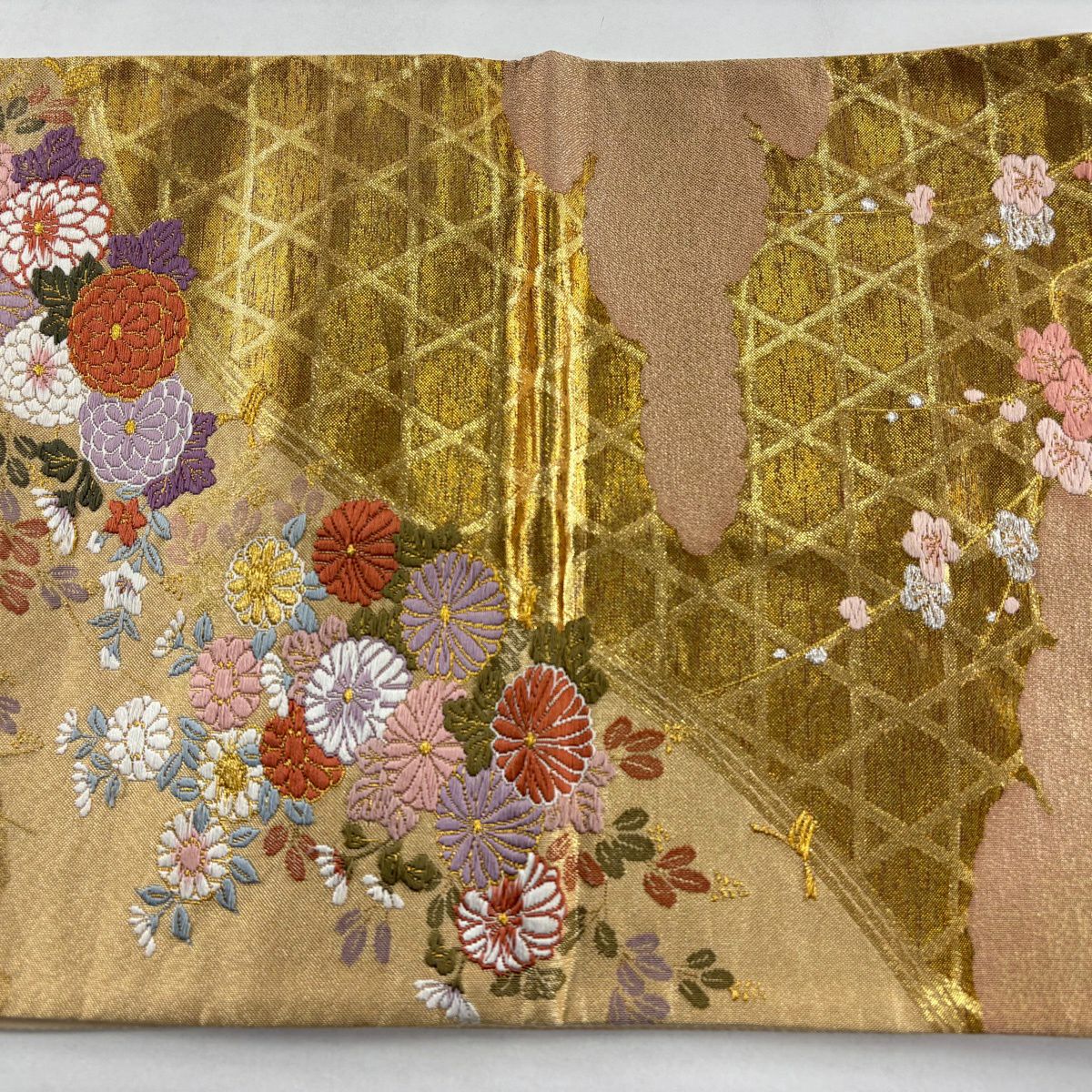 【美品】 袋帶 秀品級 菊花 光悅垣 金金箔 金銀彩 金色 六通 純蠶絲