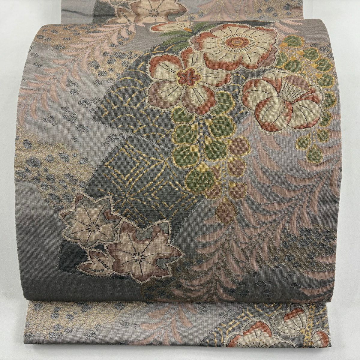 【美品】 袋帶 秀品級 草花紋紋 楓 金金箔 灰櫻 六通 純蠶絲