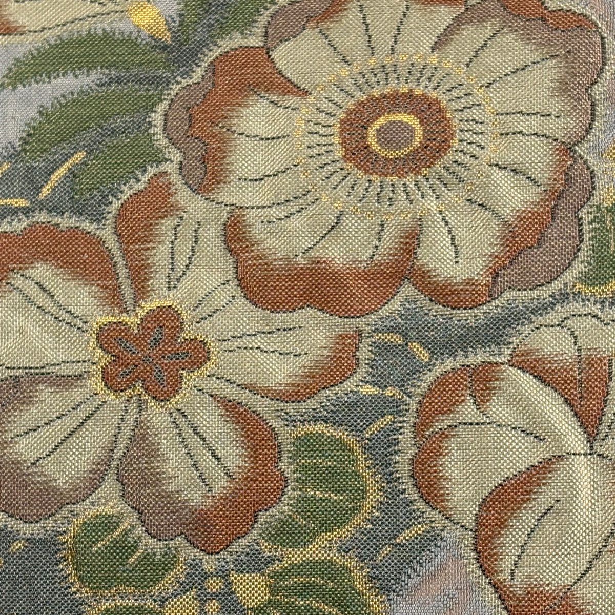 【美品】 袋帶 秀品級 草花紋紋 楓 金金箔 灰櫻 六通 純蠶絲