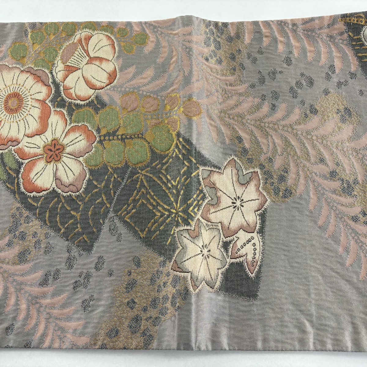 【美品】 袋帶 秀品級 草花紋紋 楓 金金箔 灰櫻 六通 純蠶絲
