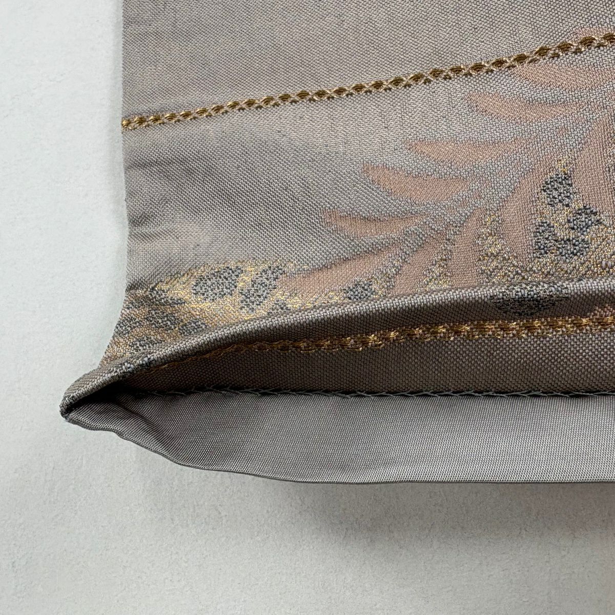 【美品】 袋帶 秀品級 草花紋紋 楓 金金箔 灰櫻 六通 純蠶絲