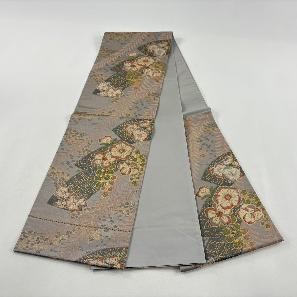 【美品】 袋帶 秀品級 草花紋紋 楓 金金箔 灰櫻 六通 純蠶絲