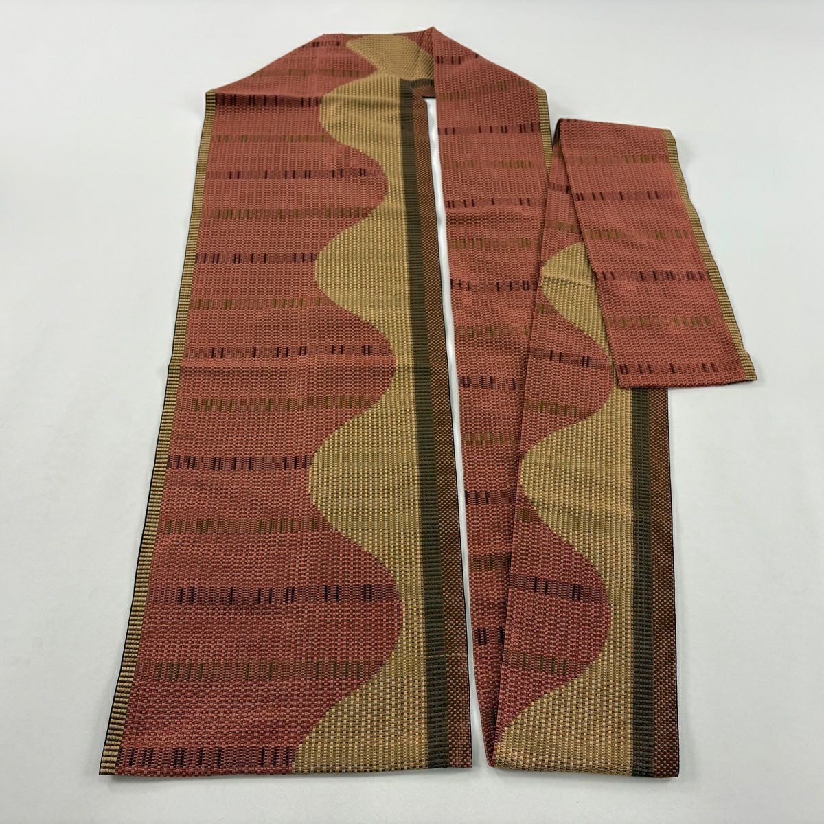 【美品】名古屋帶 秀品級 幾何學 紅茶 純蠶絲