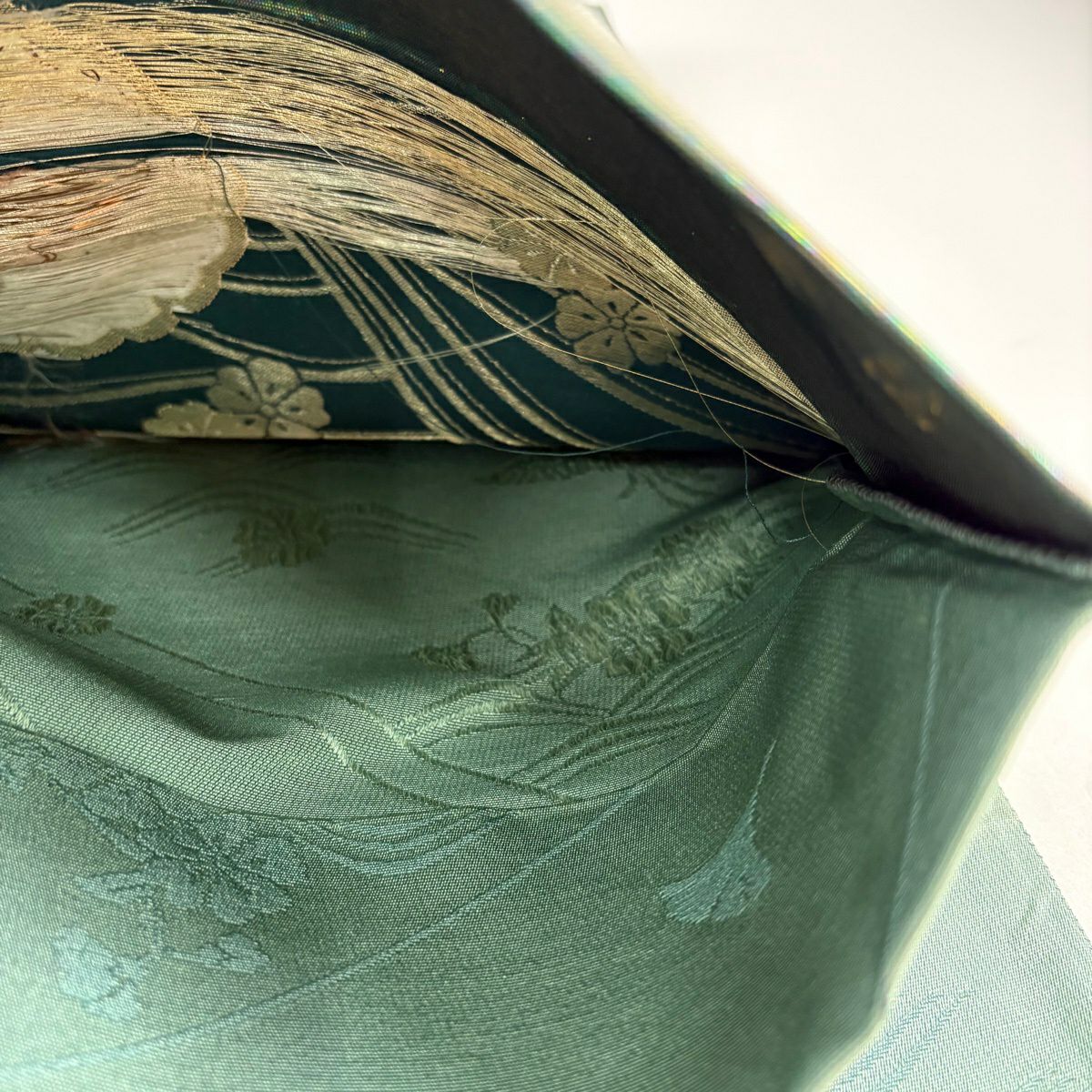 袋帶 秀品級 尾長鳥 雪輪 唐織 金金箔 淺綠 六通 純蠶絲