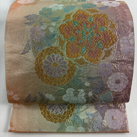 袋帶 秀品級 華紋 菊花 金絲 金金箔 淺綠 六通 純蠶絲