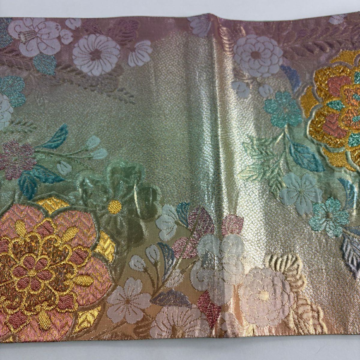 袋帶 秀品級 華紋 菊花 金絲 金金箔 淺綠 六通 純蠶絲
