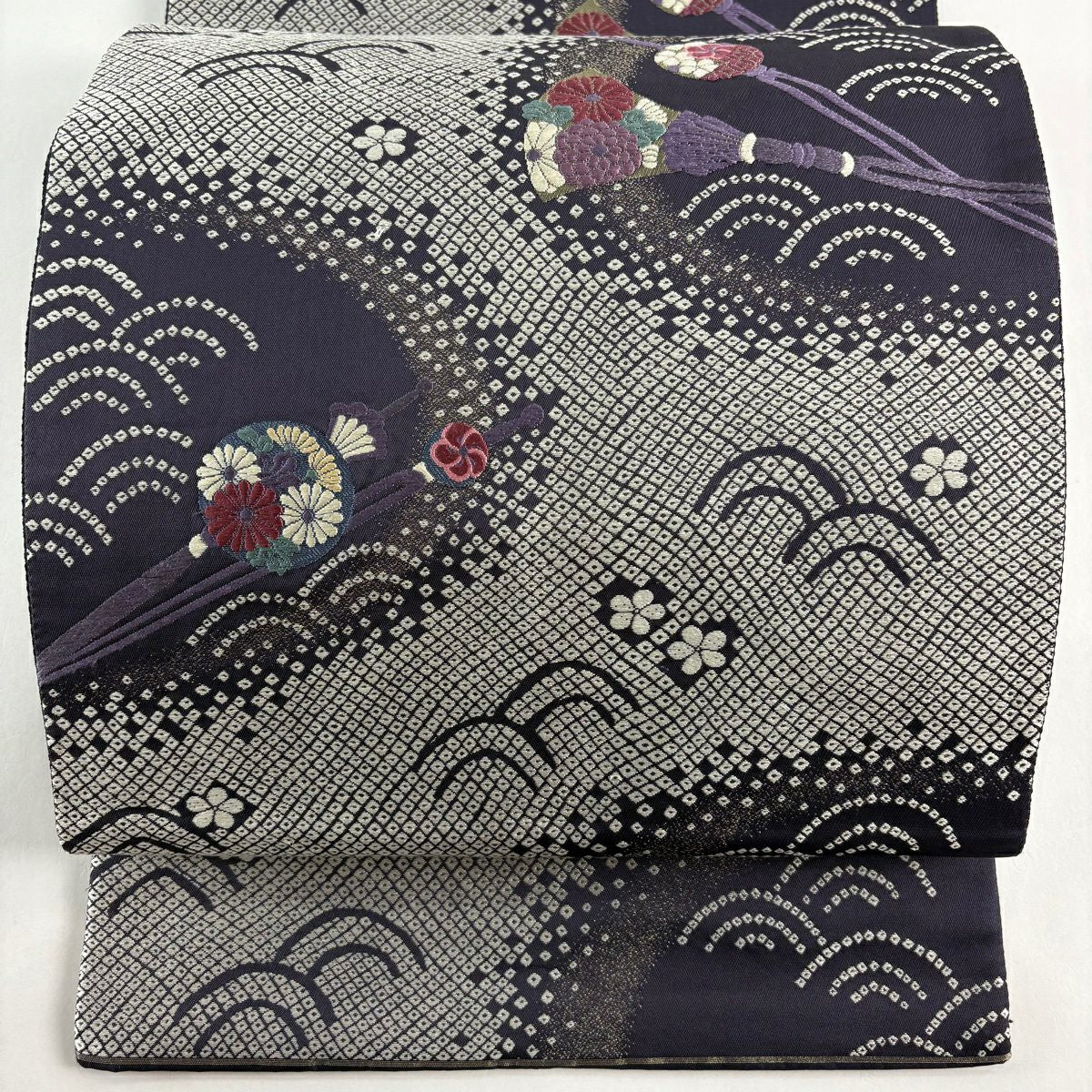 袋帶 秀品級 關西仕立 雜飾 青海波 金絲 濃紫 六通 純蠶絲