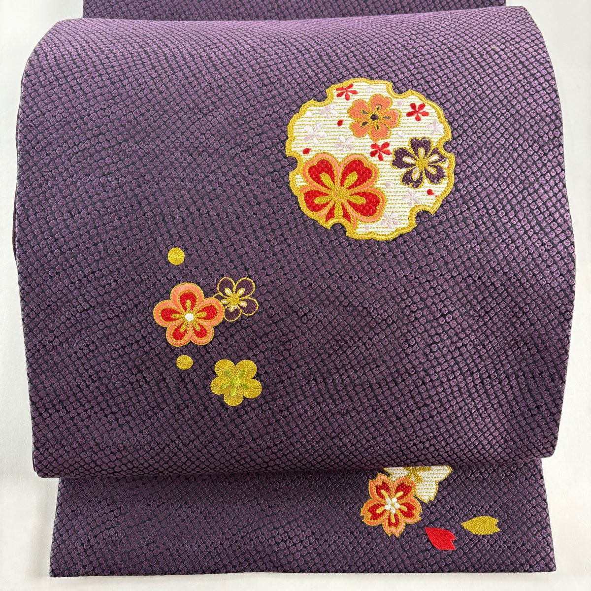 【美品】 袋帶 秀品級 雪輪 櫻花 刺繡 紫 お太鼓柄 純蠶絲