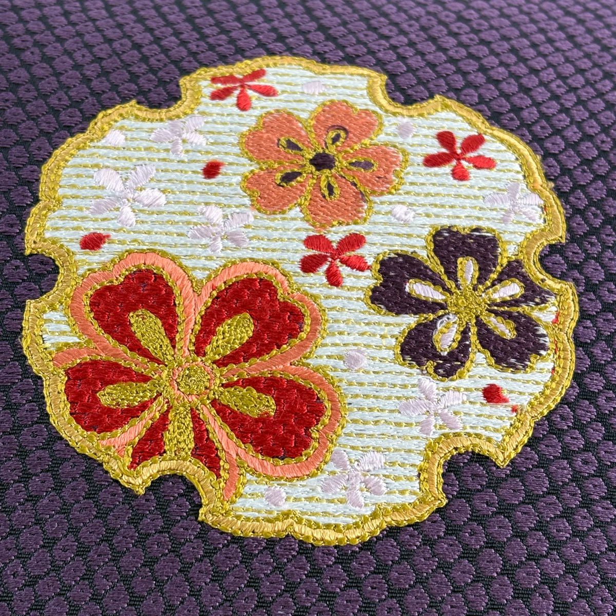 【美品】 袋帶 秀品級 雪輪 櫻花 刺繡 紫 お太鼓柄 純蠶絲