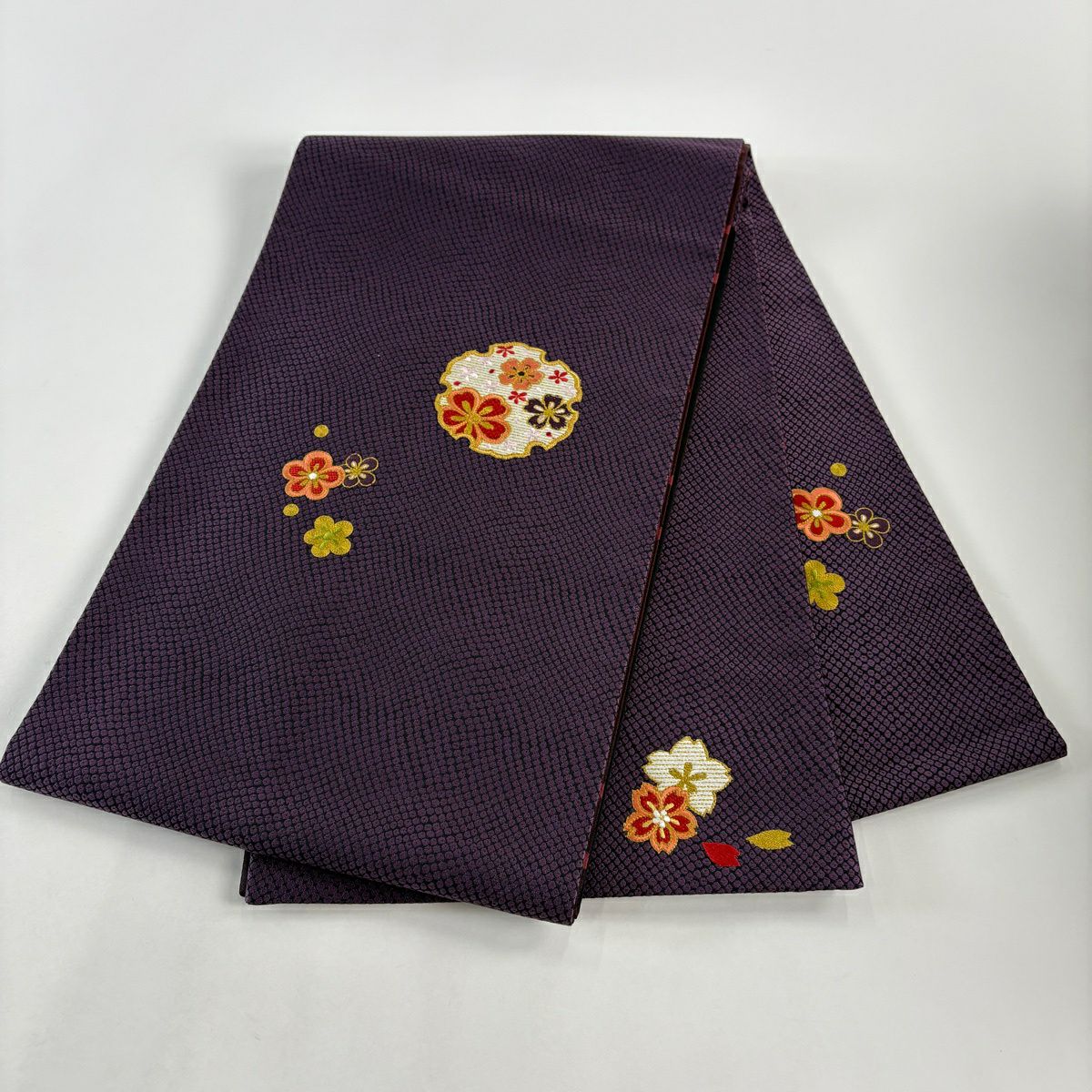 【美品】 袋帶 秀品級 雪輪 櫻花 刺繡 紫 お太鼓柄 純蠶絲