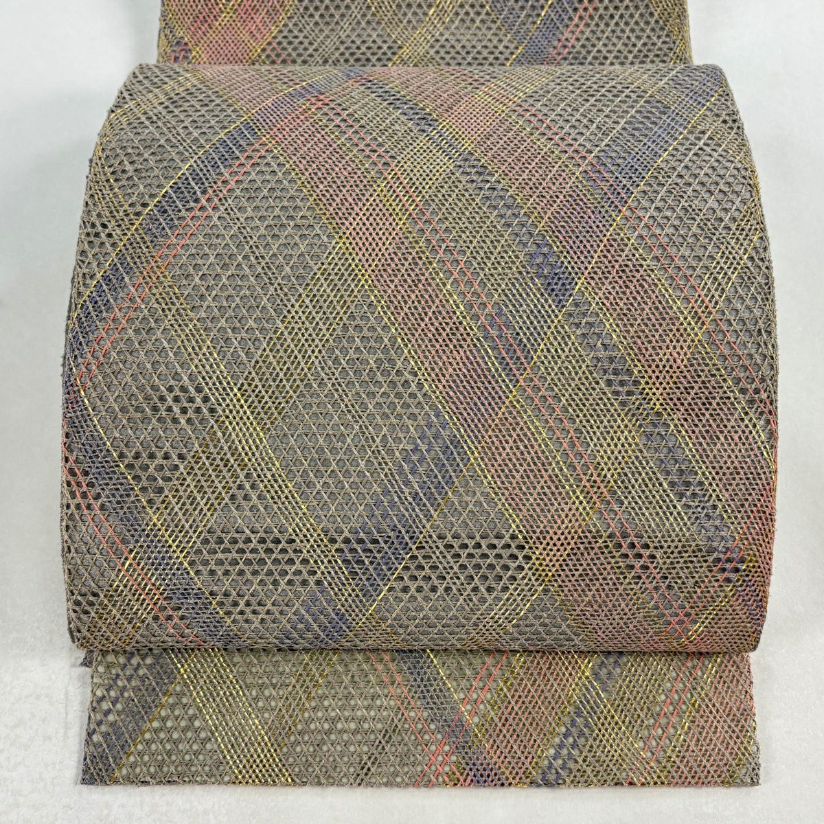 【美品】 袋帶 秀品級 斜格 金絲 灰茶 全通 純蠶絲
