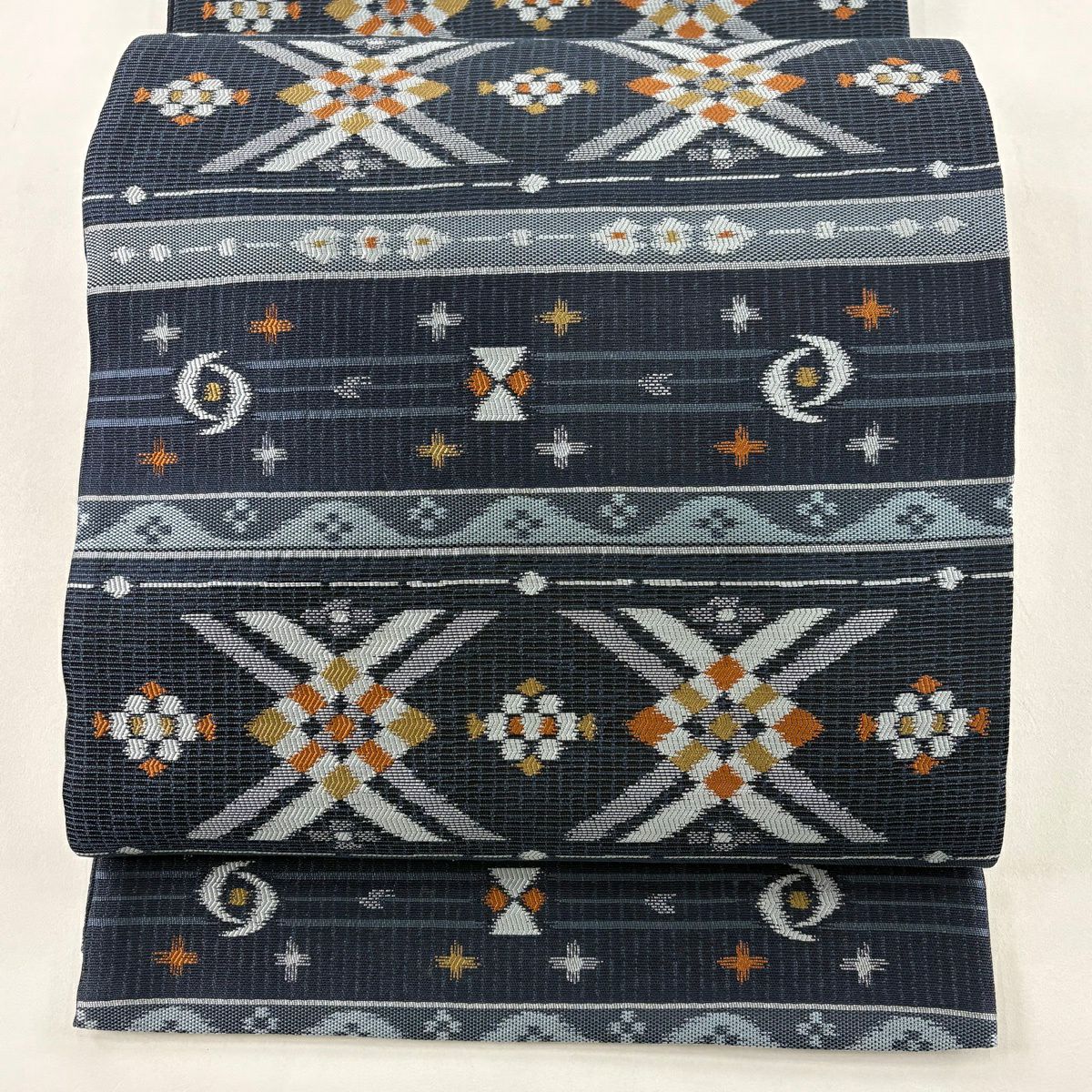 【美品】 袋帶 名品級 段紋 幾何圖案 藍色 六通 純蠶絲