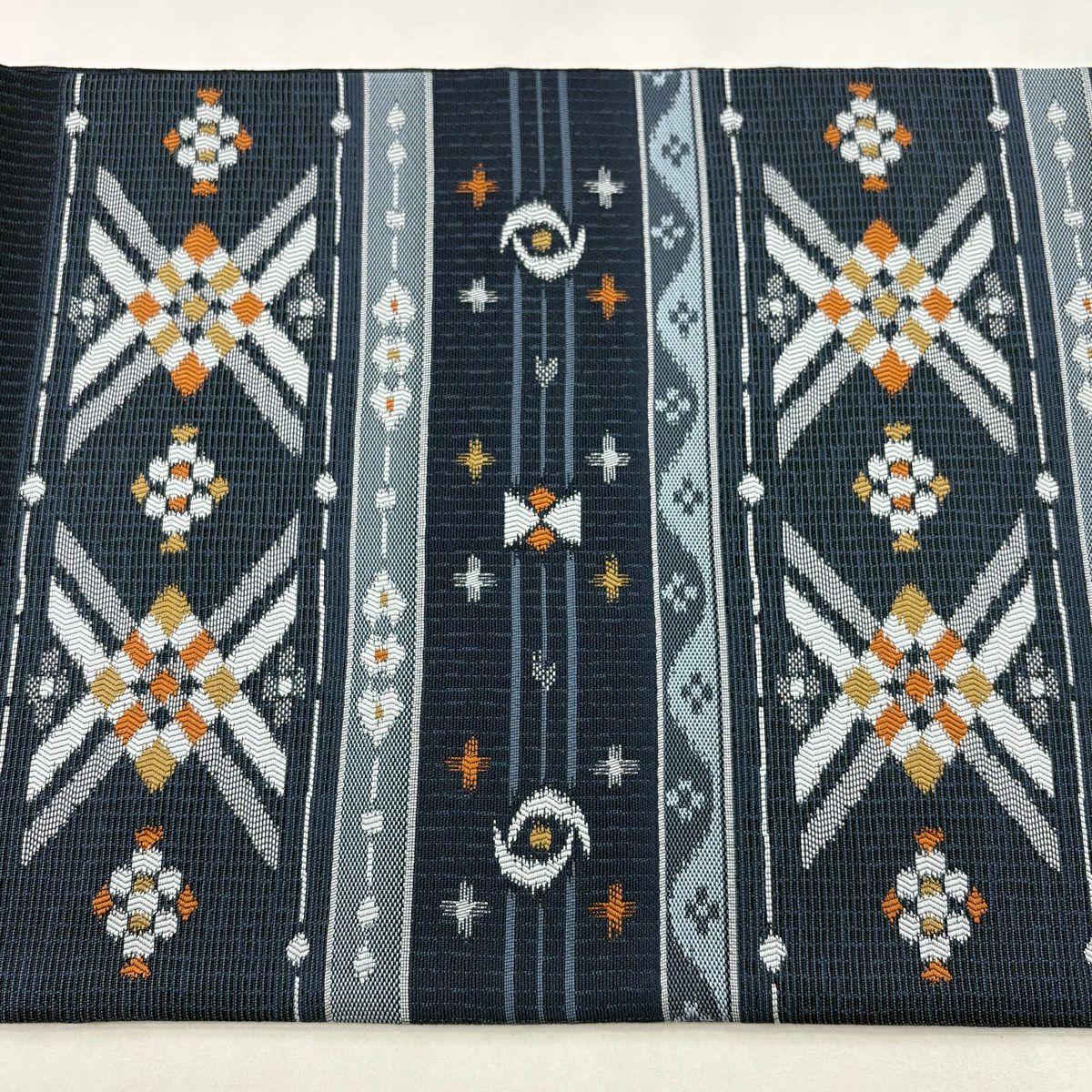 【美品】 袋帶 名品級 段紋 幾何圖案 藍色 六通 純蠶絲