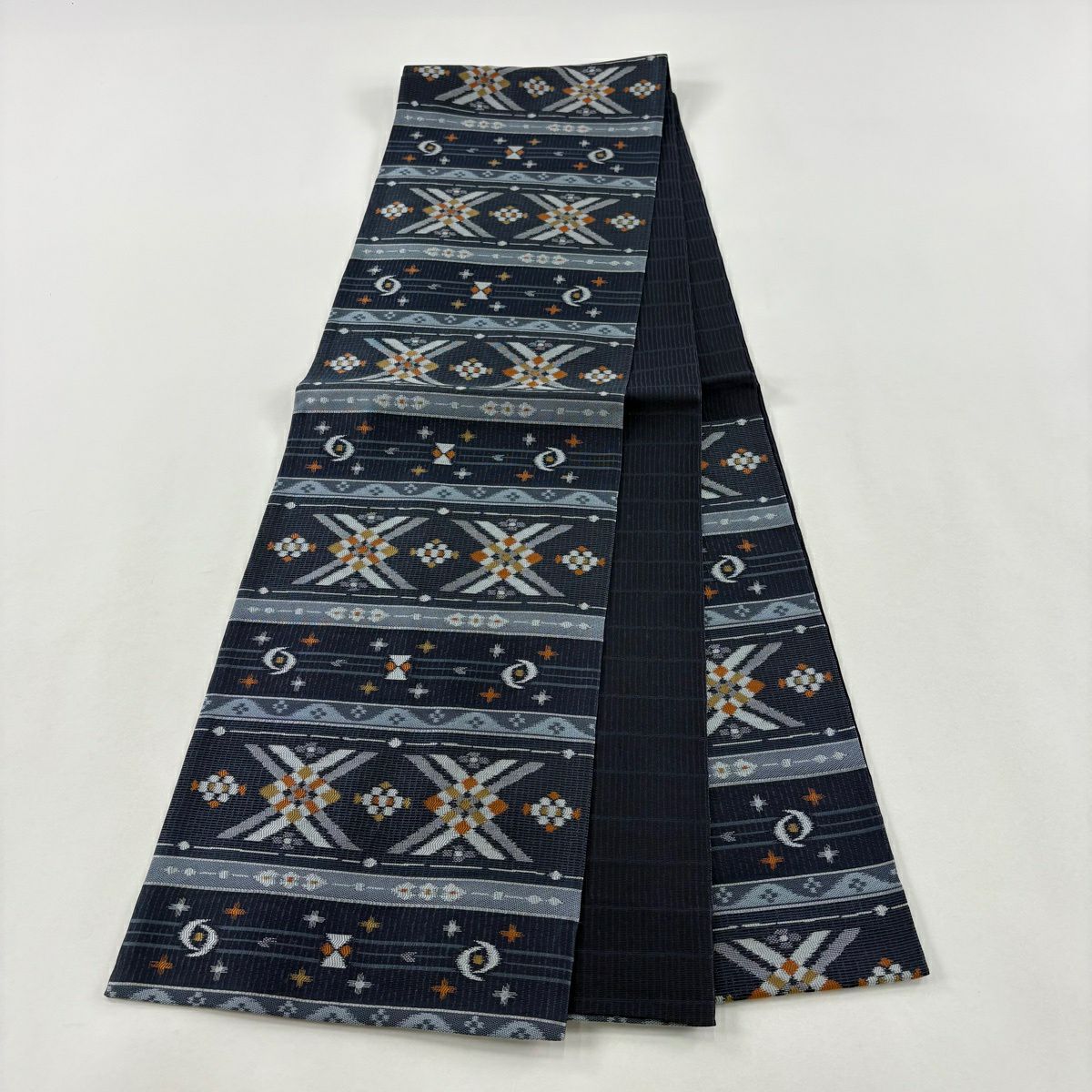 【美品】 袋帶 名品級 段紋 幾何圖案 藍色 六通 純蠶絲