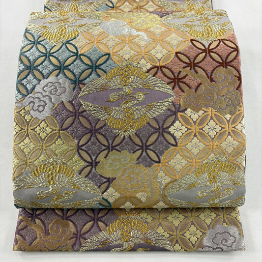袋帶 名品級 向鳥 七寶華紋 金絲 金金箔 淺紫 六通 純蠶絲