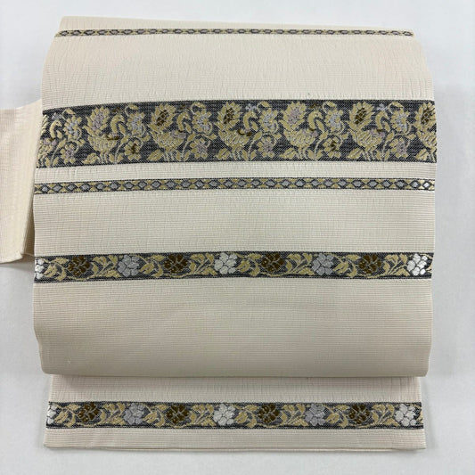 【美品】名古屋帶 名品級 段紋 草花紋紋 奶油色 純蠶絲
