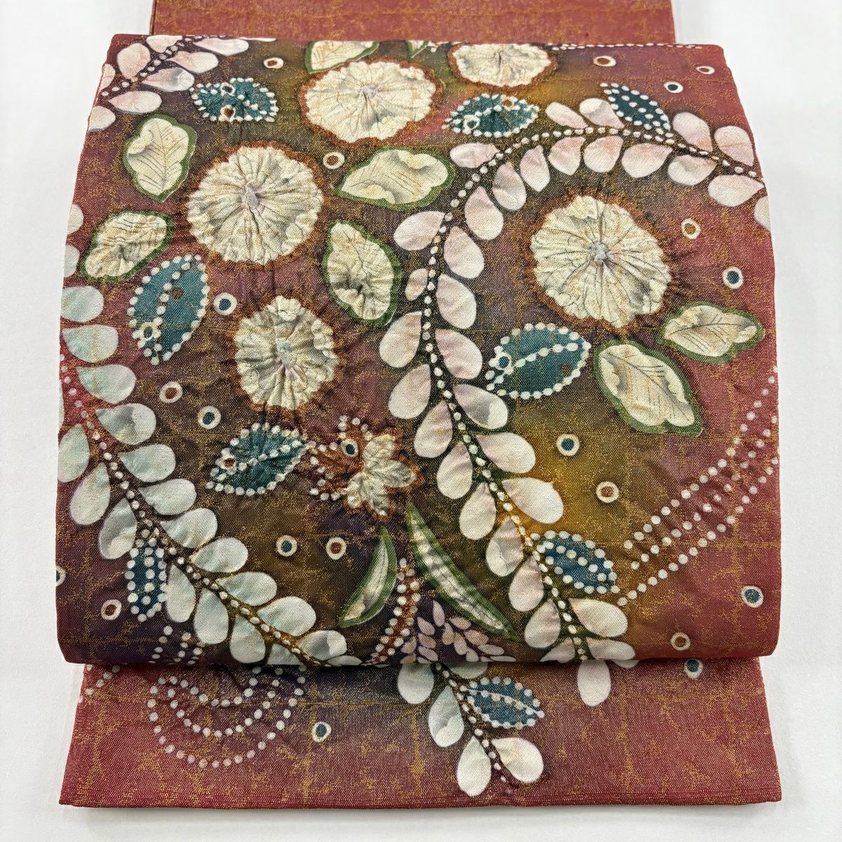 【美品】 袋帶 名品級 附落款 辻花染 金通 紅茶 お太鼓圖案 純蠶絲