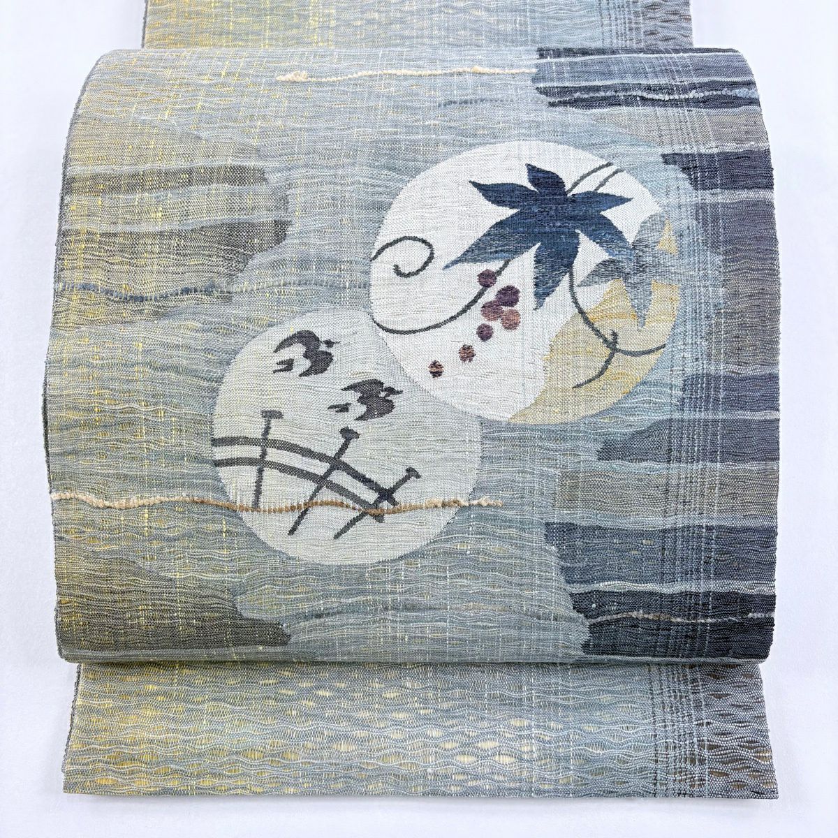 【美品】 袋帶 名品級 柿渋染 葉與實 鳥 灰綠 お太鼓圖案 純蠶絲