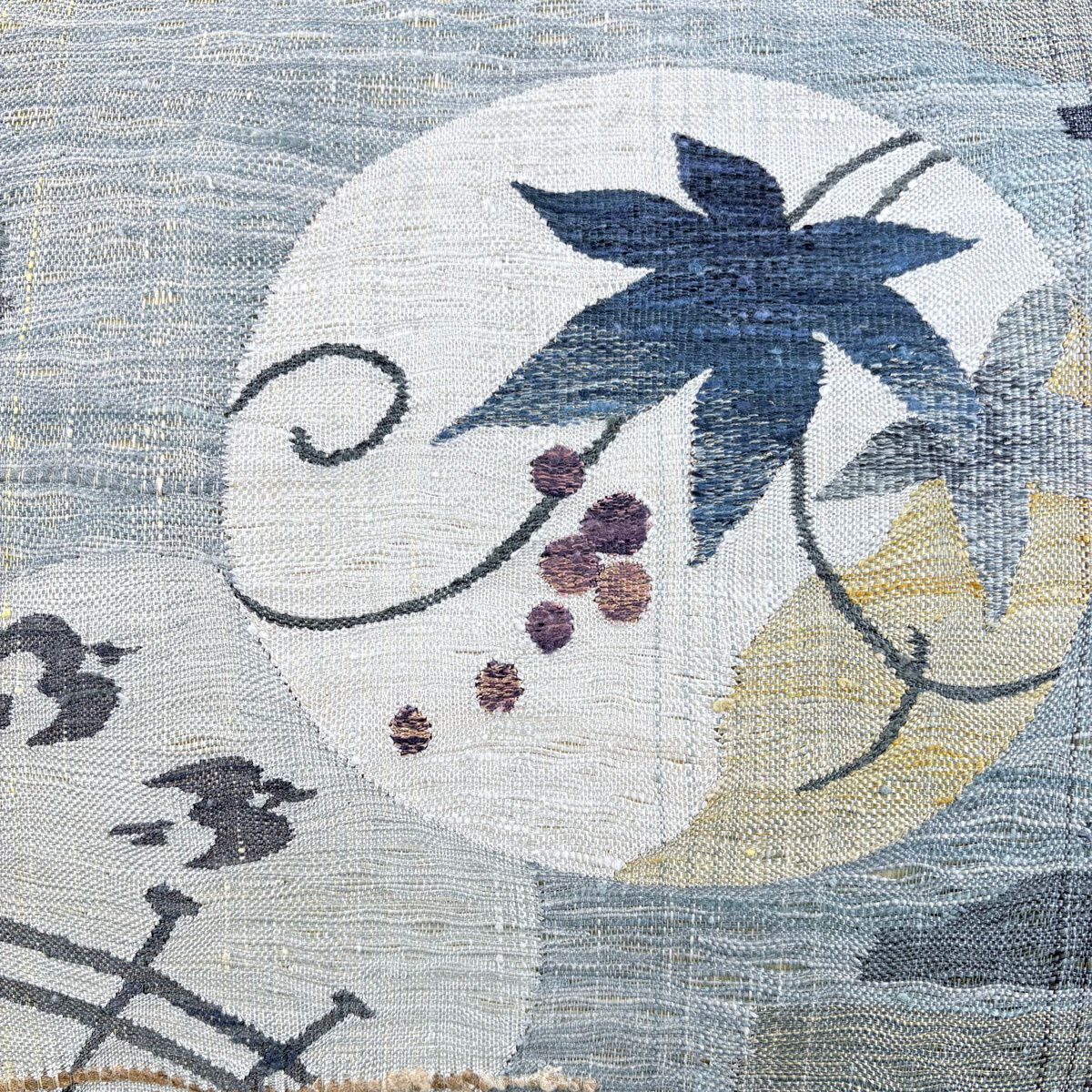 【美品】 袋帶 名品級 柿渋染 葉與實 鳥 灰綠 お太鼓圖案 純蠶絲