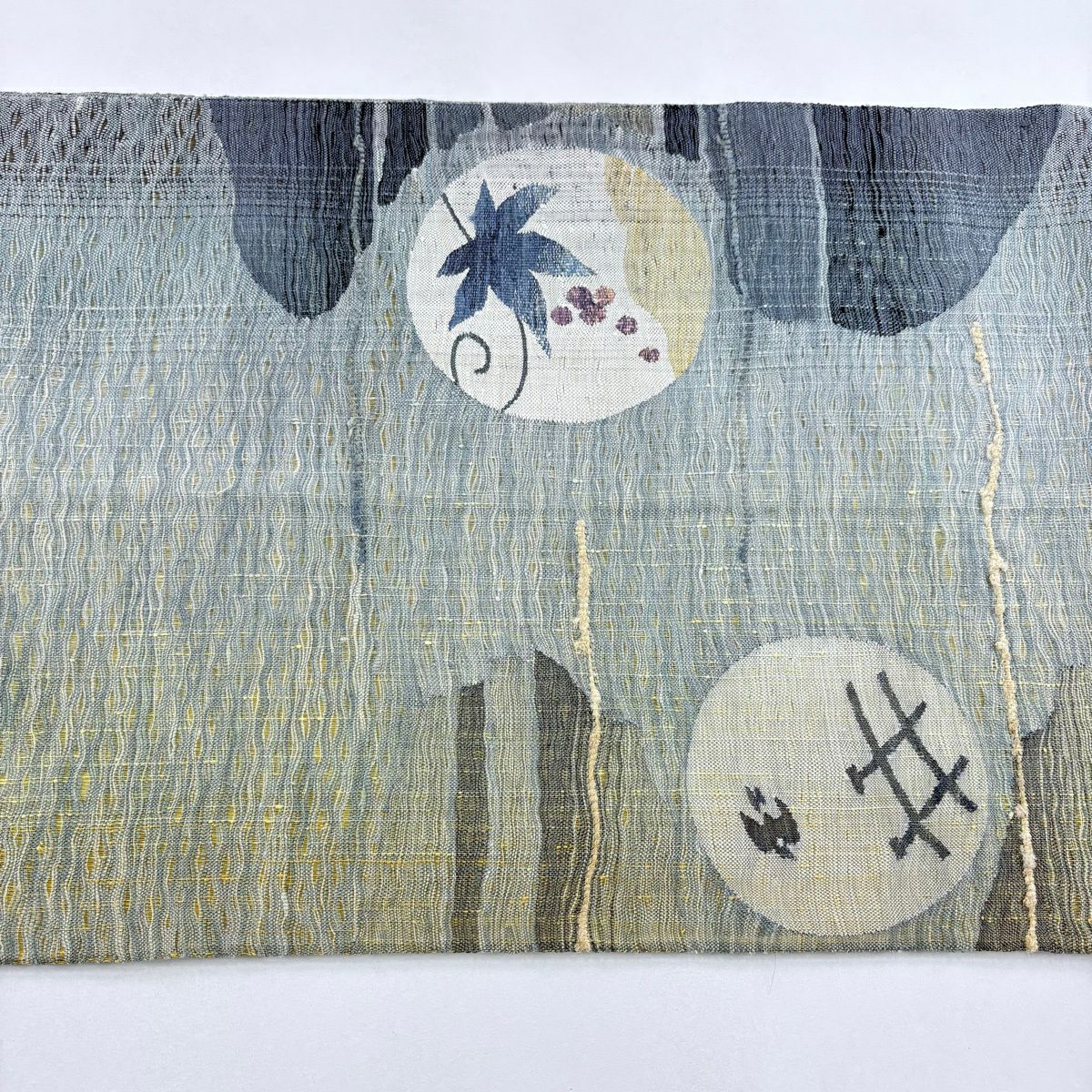 【美品】 袋帶 名品級 柿渋染 葉與實 鳥 灰綠 お太鼓圖案 純蠶絲