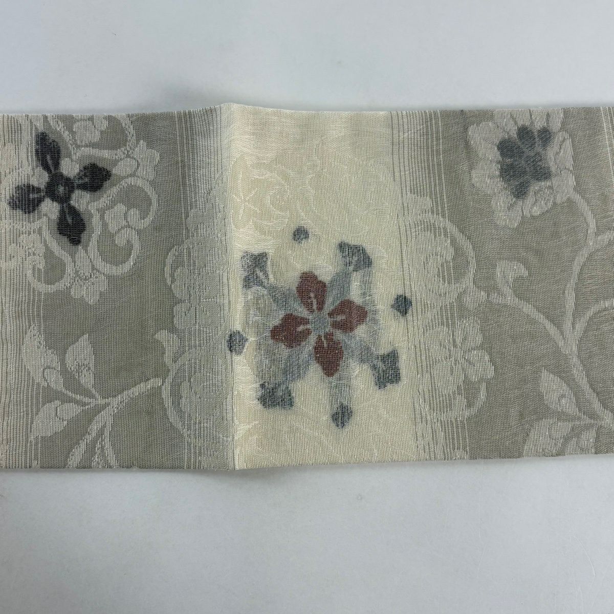 名古屋帶 名品級 夏帶 花唐草紋 金銀彩 米色 純蠶絲