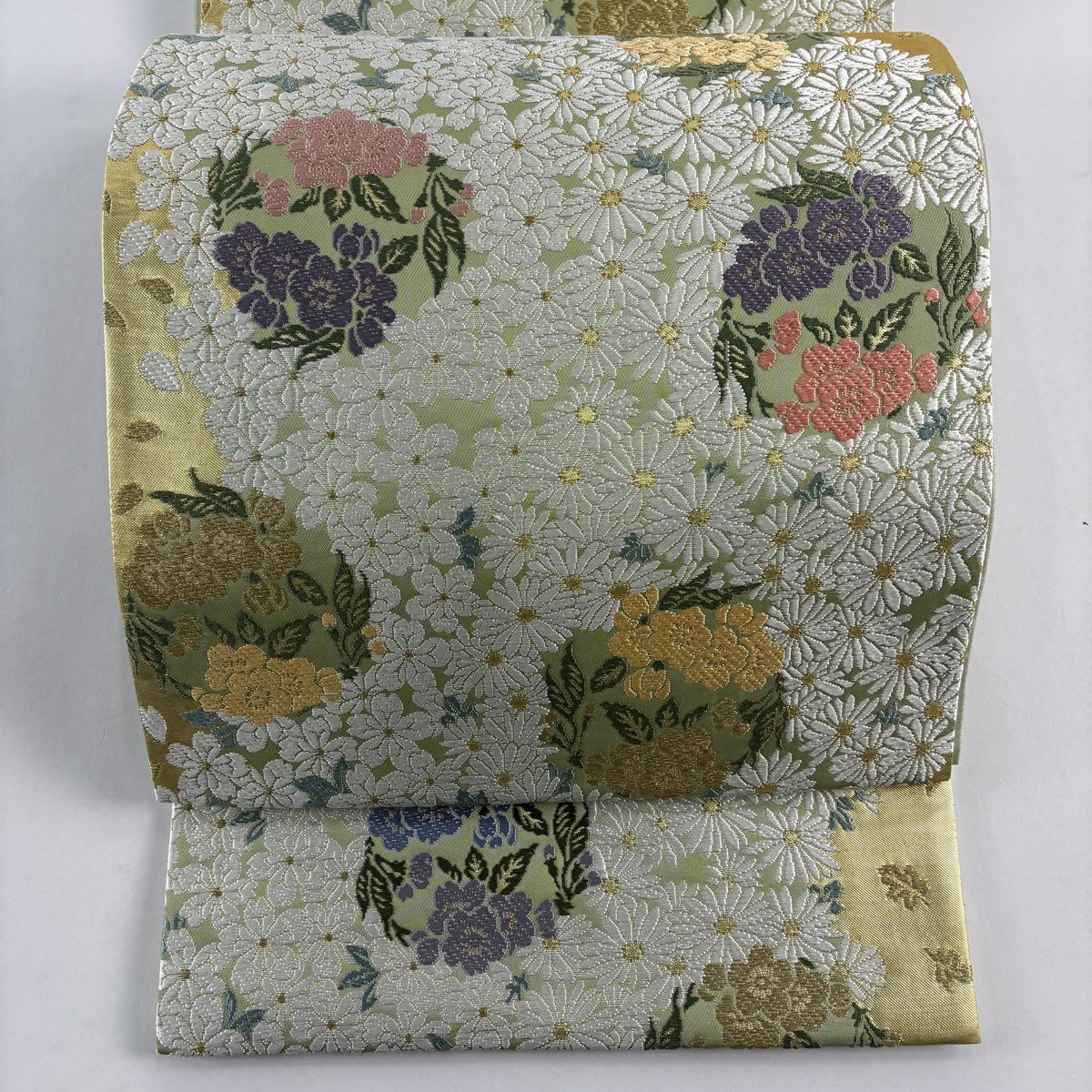 【美品】 袋帶 名品級 舞樂唐織 櫻花 梅花花 金絲 金金箔 淺綠 六通 純蠶絲