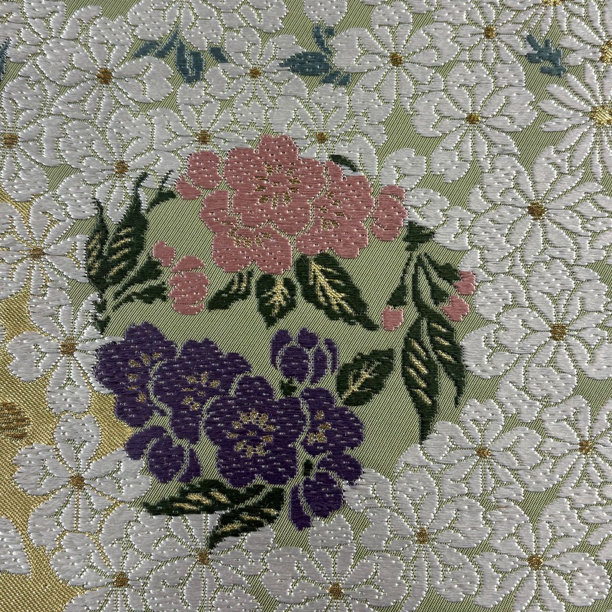 【美品】 袋帶 名品級 舞樂唐織 櫻花 梅花花 金絲 金金箔 淺綠 六通 純蠶絲
