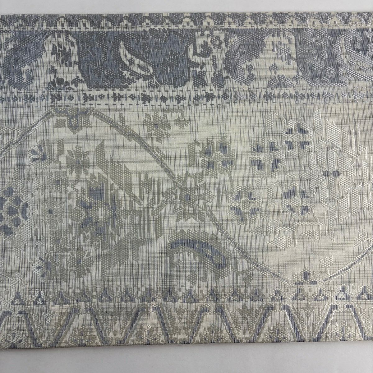 袋帶 名品級 草花紋 灰白 六通 純蠶絲